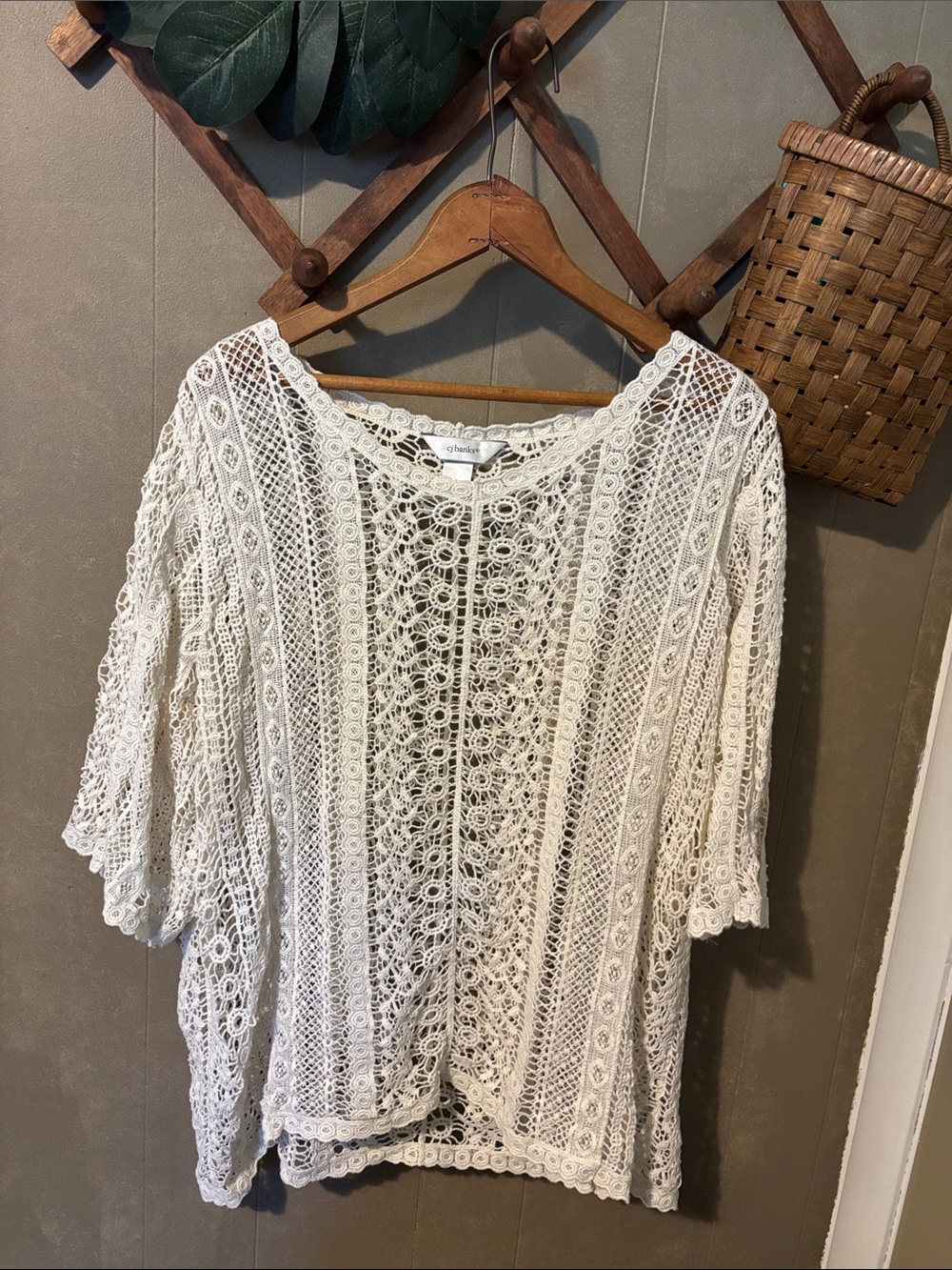 CJ Banks White Crochet Lace Openwork Blouse